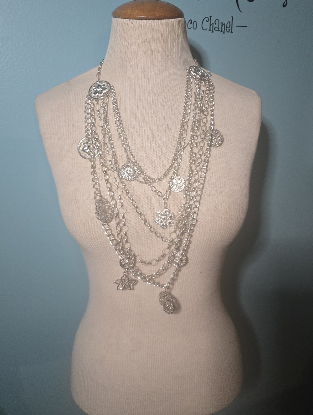 Extravagant Silver-Tone Multi-Layered Medallion Charm Necklace